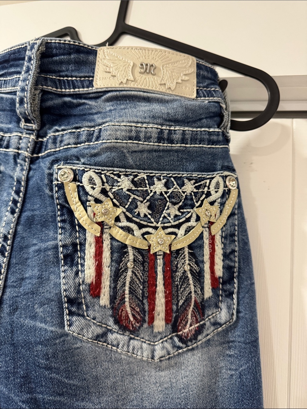 Miss Me Blue Boot Cut Jeans with Red & White Flag Embroidery - Picture 3 of 5